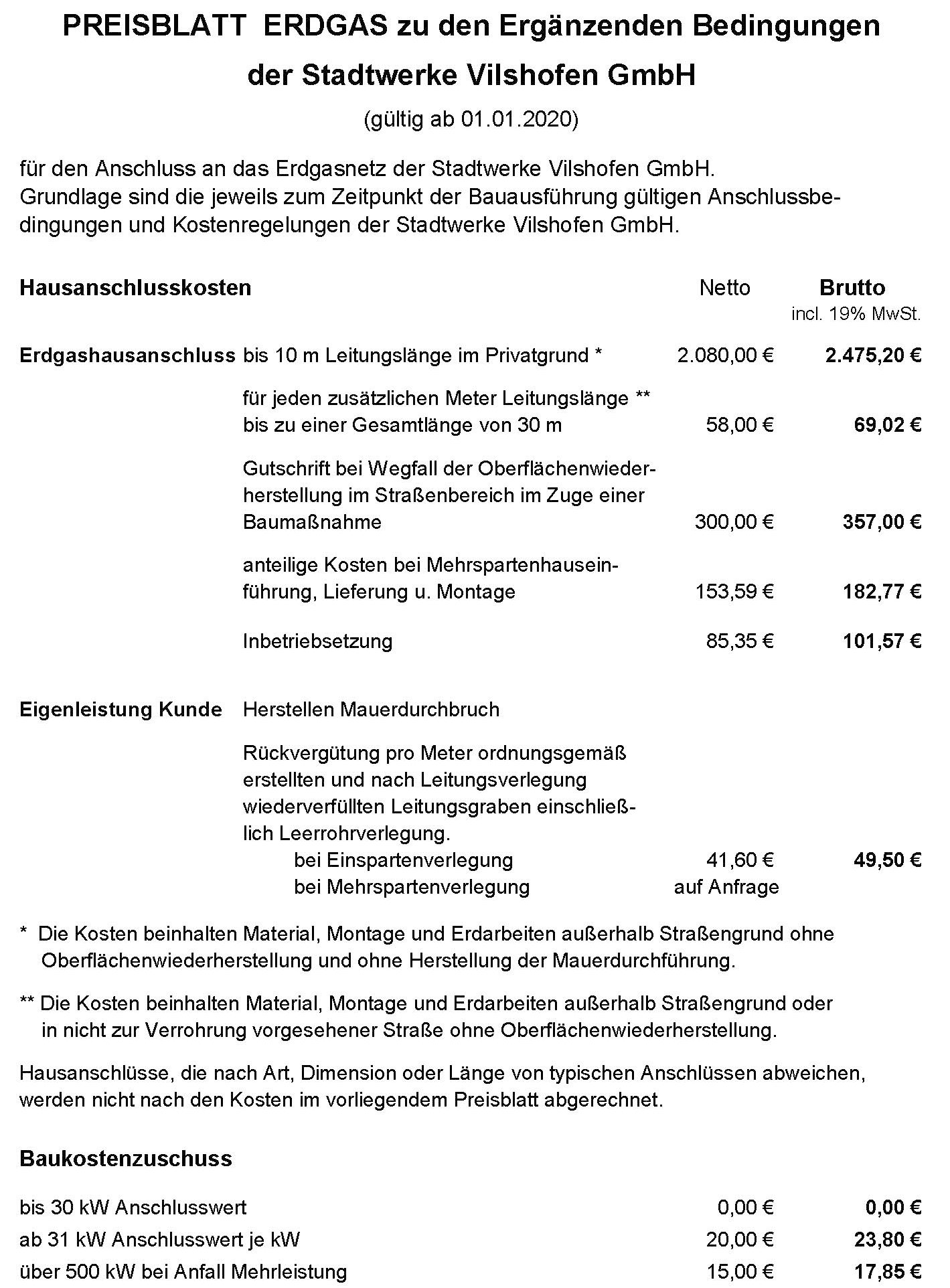 Anschlusskosten Erdgas Stadtwerke Vilshofen Gmbh Und Stadtwerke