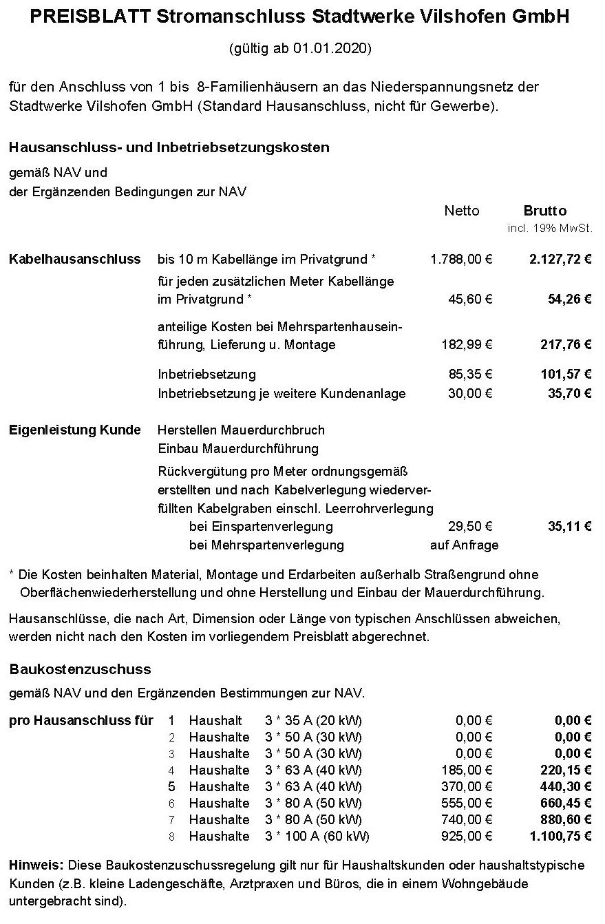 Anschlusskosten Strom Stadtwerke Vilshofen Gmbh Und Stadtwerke